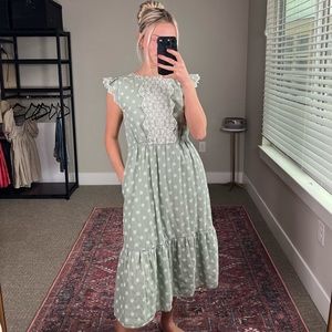 Bohme Macy Embroidered Midi Dress Sage Green White Floral Cottagecore Small